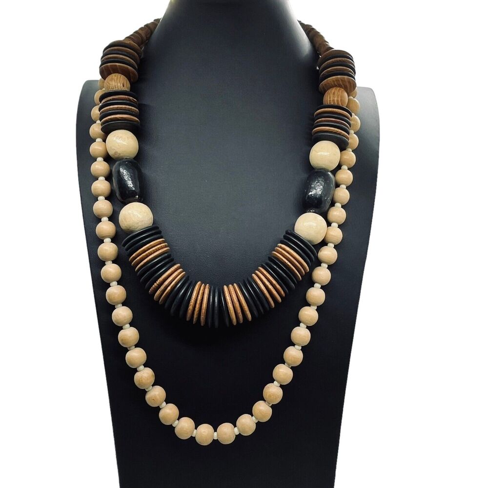 1970s Ethnic Wooden Bead Necklace Vintage Disks Balls Ovals Dark & Light Wood